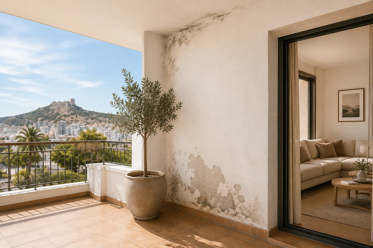 Terraza y vivienda luminosa en Alicante con humedad visible en pared de forma natural