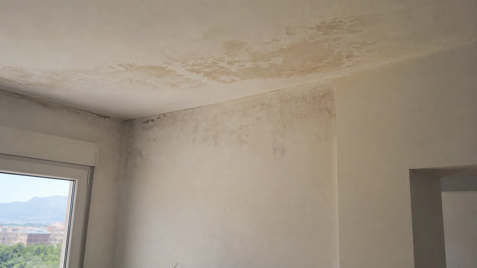 Señales visibles de humedad en pared y techo de una vivienda en Alicante