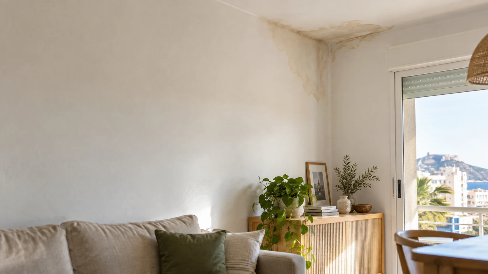 Mancha de humedad en pared y techo de una vivienda de Alicante