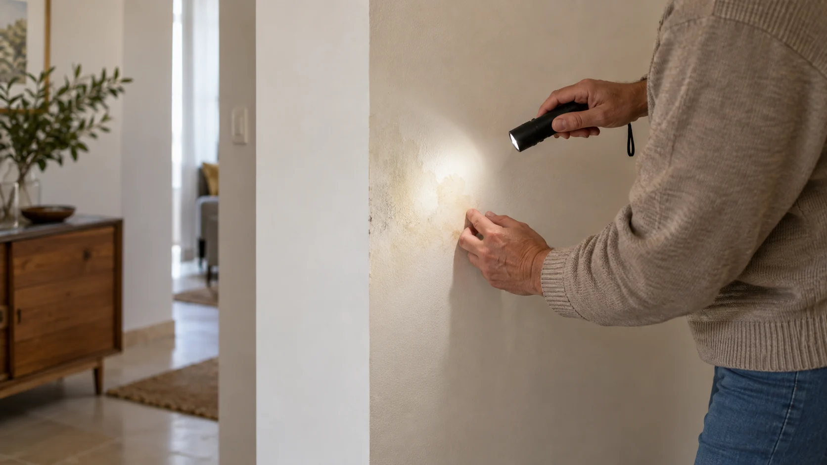 Persona observando una mancha de humedad en una pared de vivienda